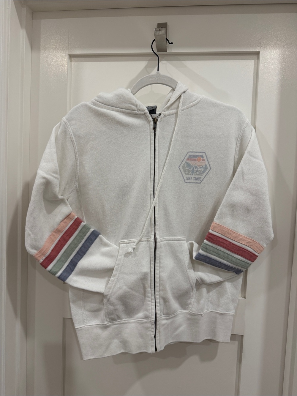MV Sport White Zip Hoodie with Multicolor Striped Sleeves